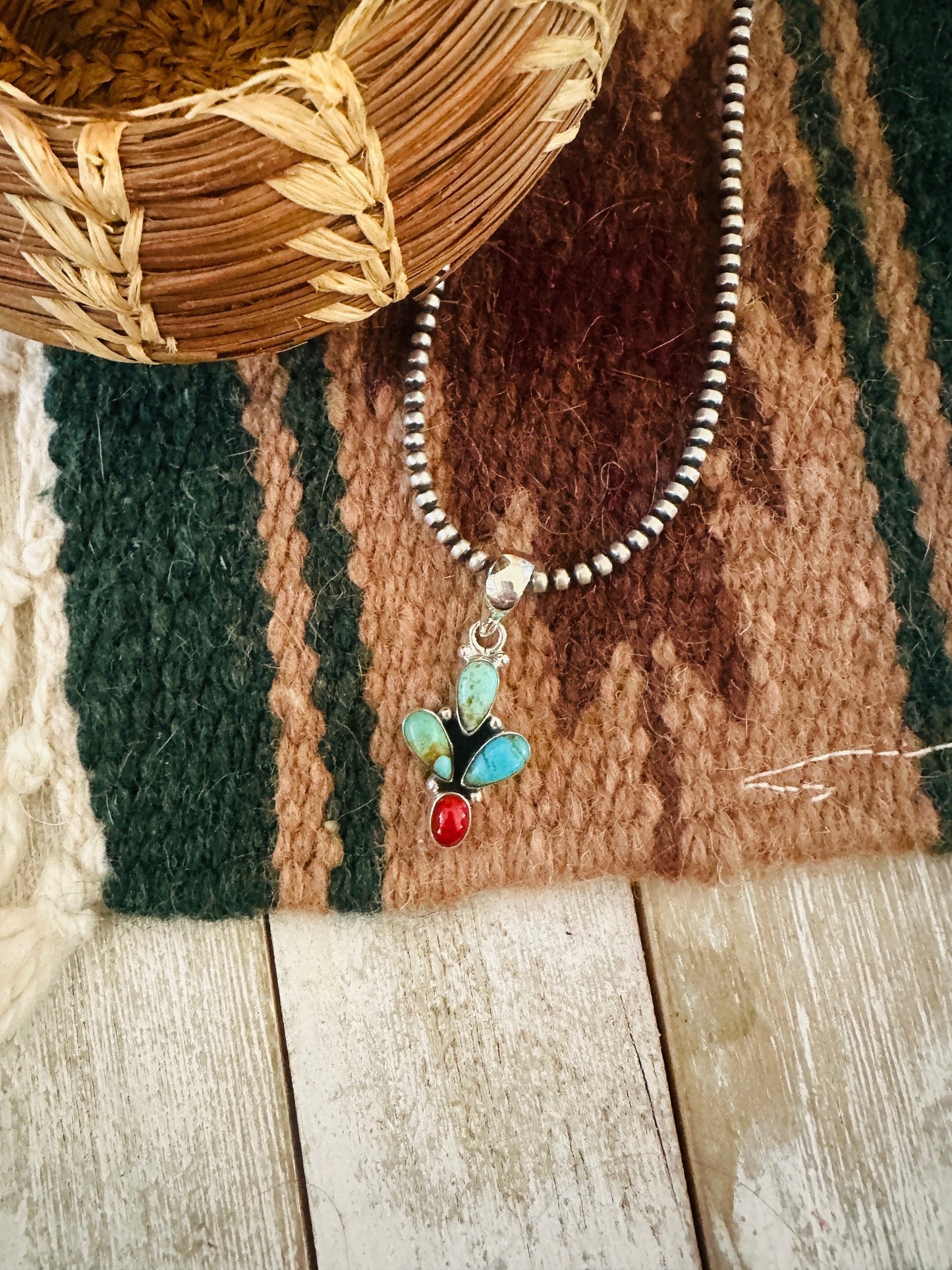 ** Christmas Collection ** Handmade Sterling Silver, Coral & Turquoise Pendant Signed Nizhoni