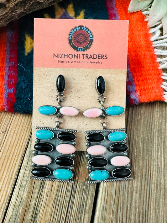 Handcrafted Queen Pink Conch, Turquoise, Onyx & Sterling Silver Dangle Earrings