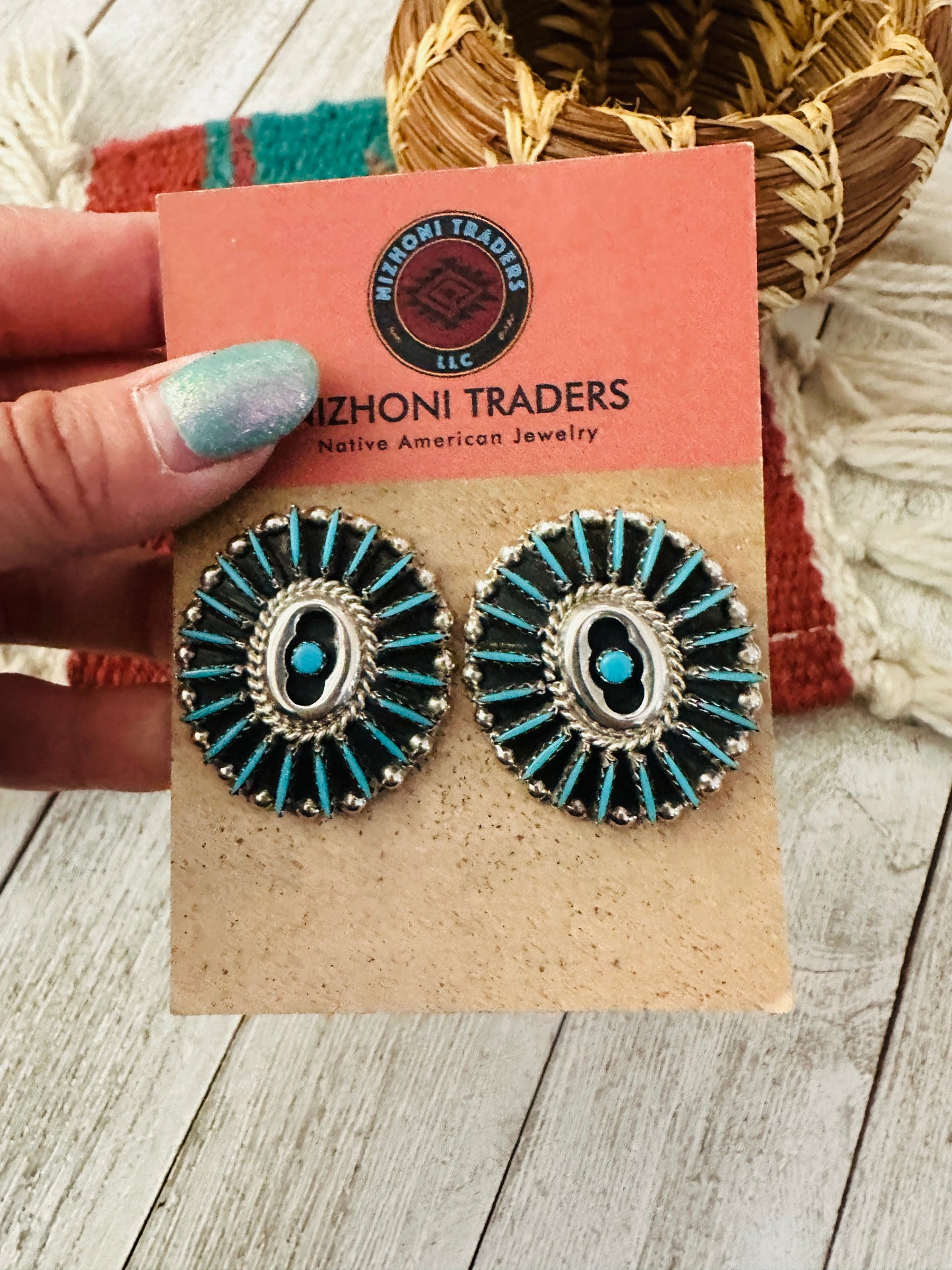 Old Pawn Needlepoint Sterling Silver & Turquoise Cluster Post Earrings