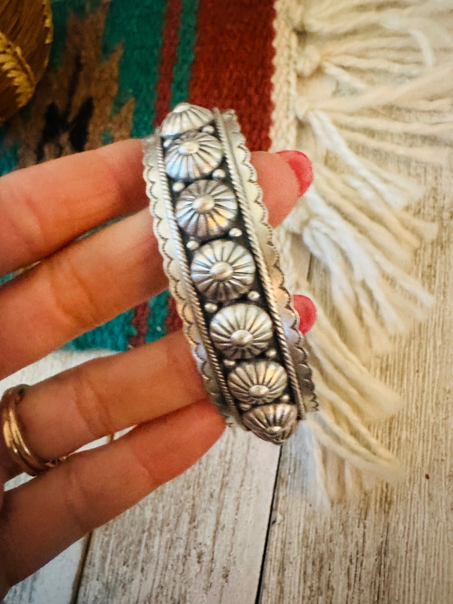 Hand Stamped Sterling Silver Concho Cuff Bracelet
