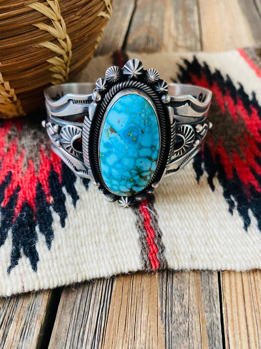 Handcrafted Kingman Web Turquoise & Sterling Silver Cuff Bracelet By Aaron Toadlena