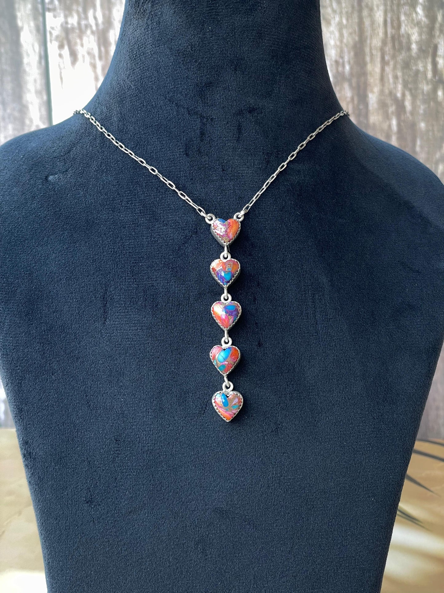 Handmade Sterling Silver & Pink Dream Mojave OR White Buffalo Drop 5 Stone Necklace