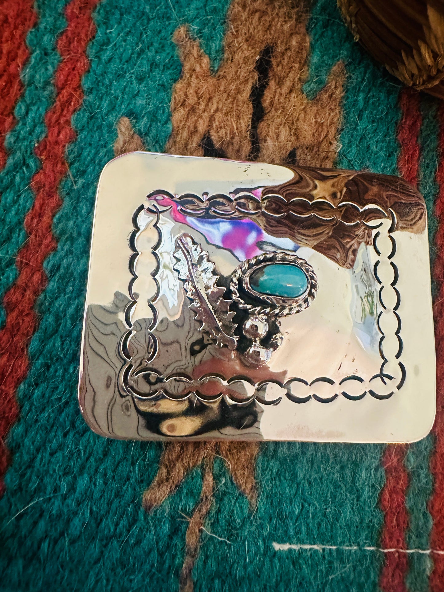 Handcrafted Turquoise & Hand Stamped Sterling Silver Belt Buckle