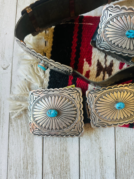 Vintage Black Leather And Sterling Silver Turquoise Concho Belt by Tim Guerro