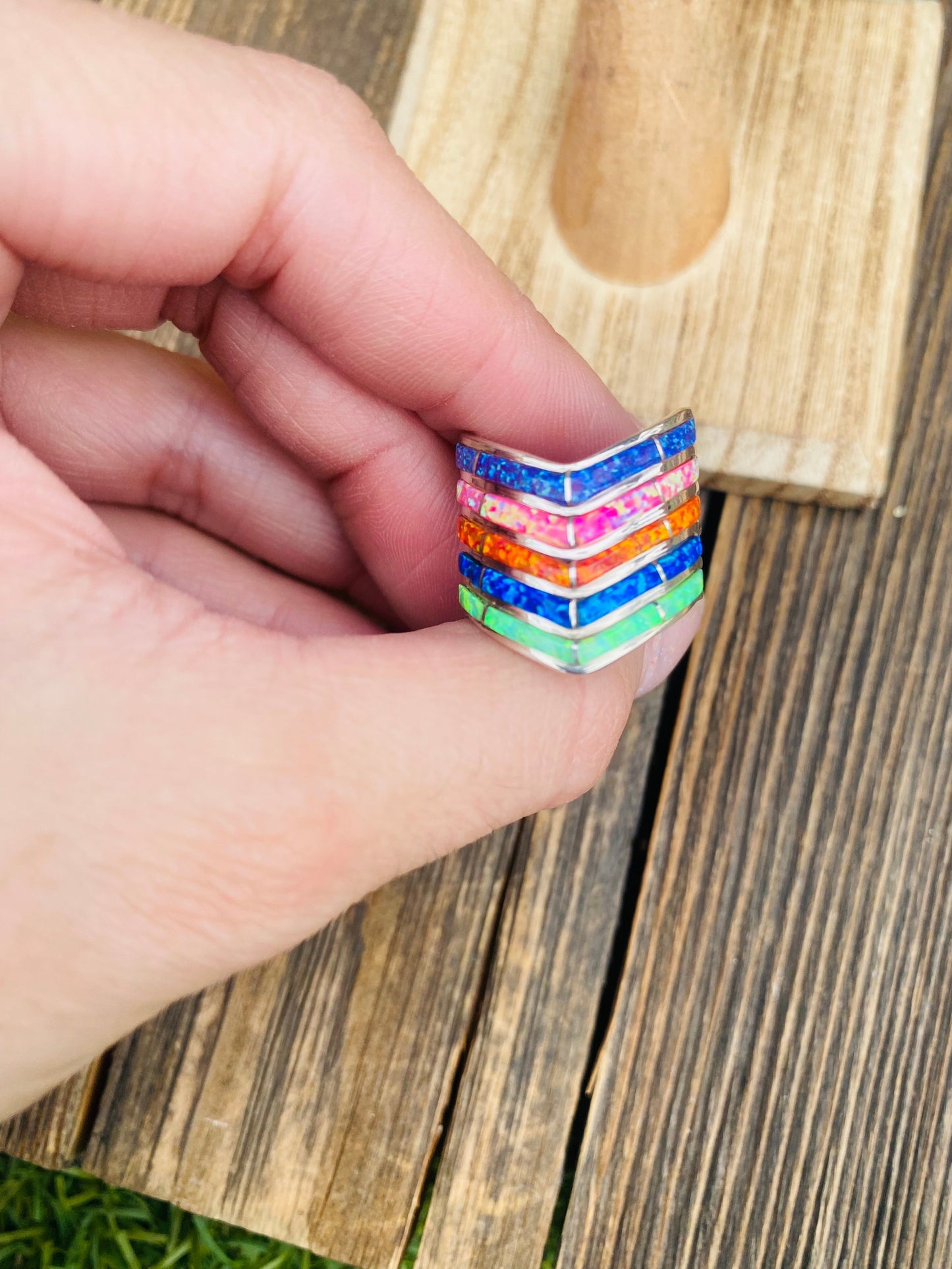 Handcrafted Sterling Silver & Multicolor Opal Inlayed Stacker Ring Size 7