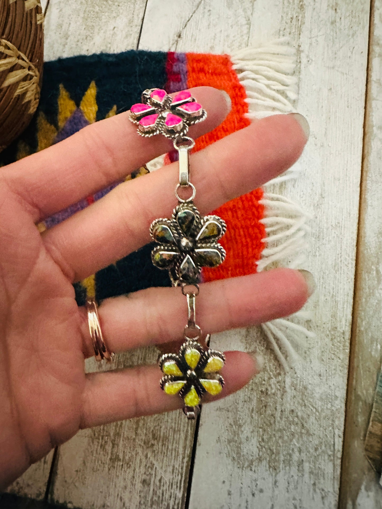 Handcrafted Multicolor Opal & Sterling Silver Flower Link Bracelet