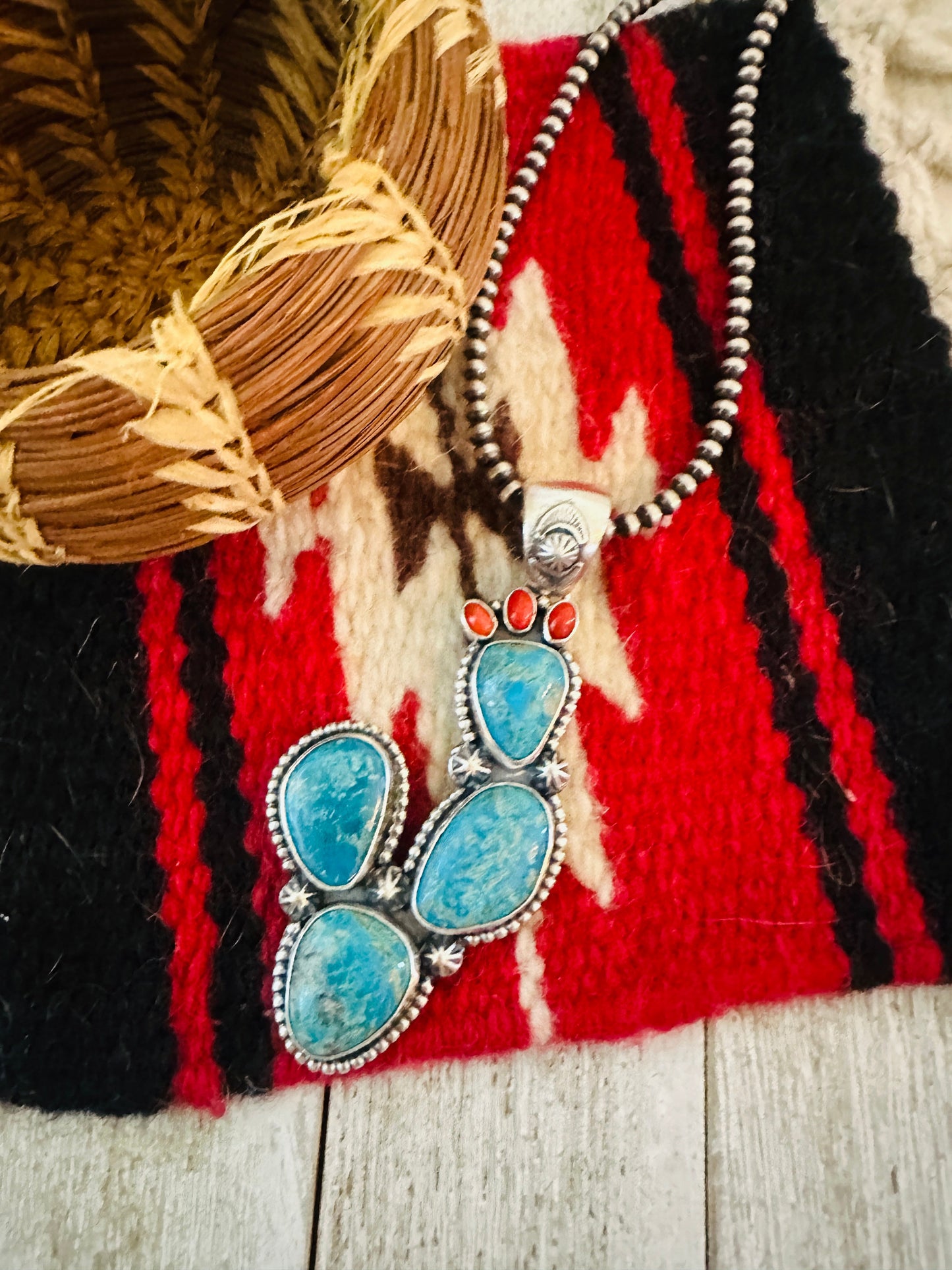Handcrafted Sterling Silver, Turquoise & Coral Cactus Pendant