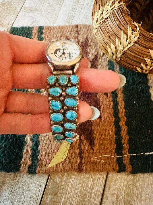 Old Pawn Vintage Handcrafted Turquoise & Sterling Silver Watch-