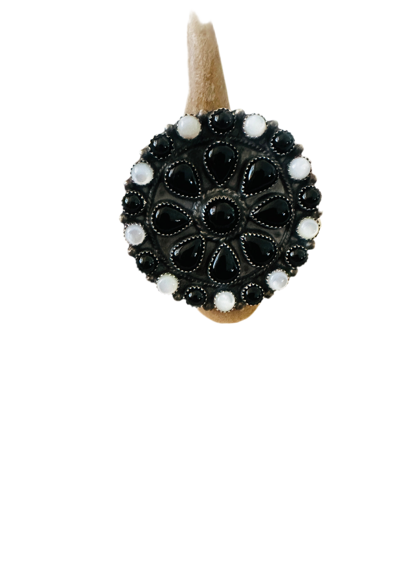 Handcrafted Sterling Silver, Onyx & Mother of Pearl Cluster Adjustable Ring