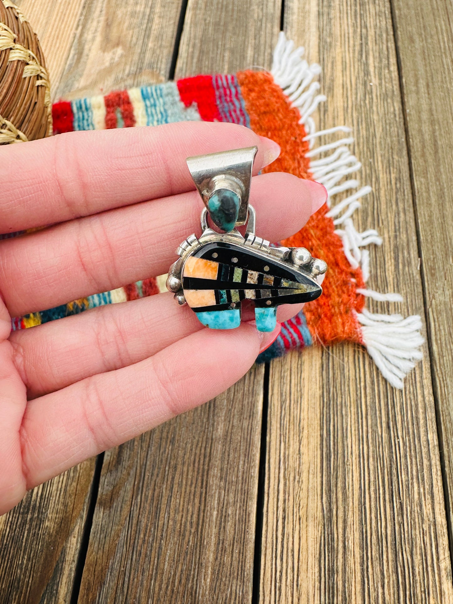 Handcrafted Sterling Silver and Multi Stone Inlay Pendant by Ray Jack