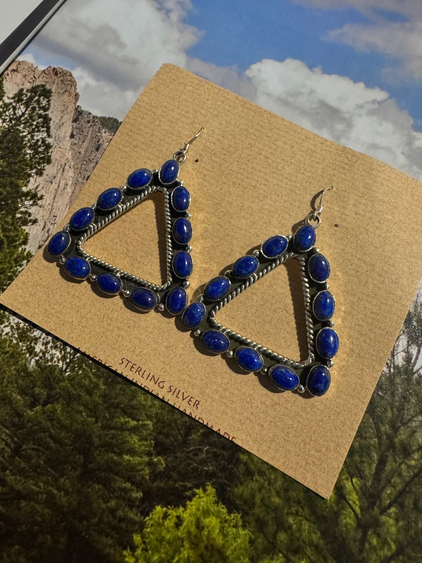 Beautiful Handmade Lapis Triangle Wire Dangle Earrings By Dan Dodson