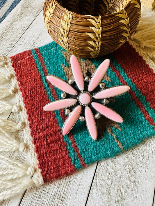 Handcrafted Sterling Silver & Queen Pink Conch Adjustable Flower Ring