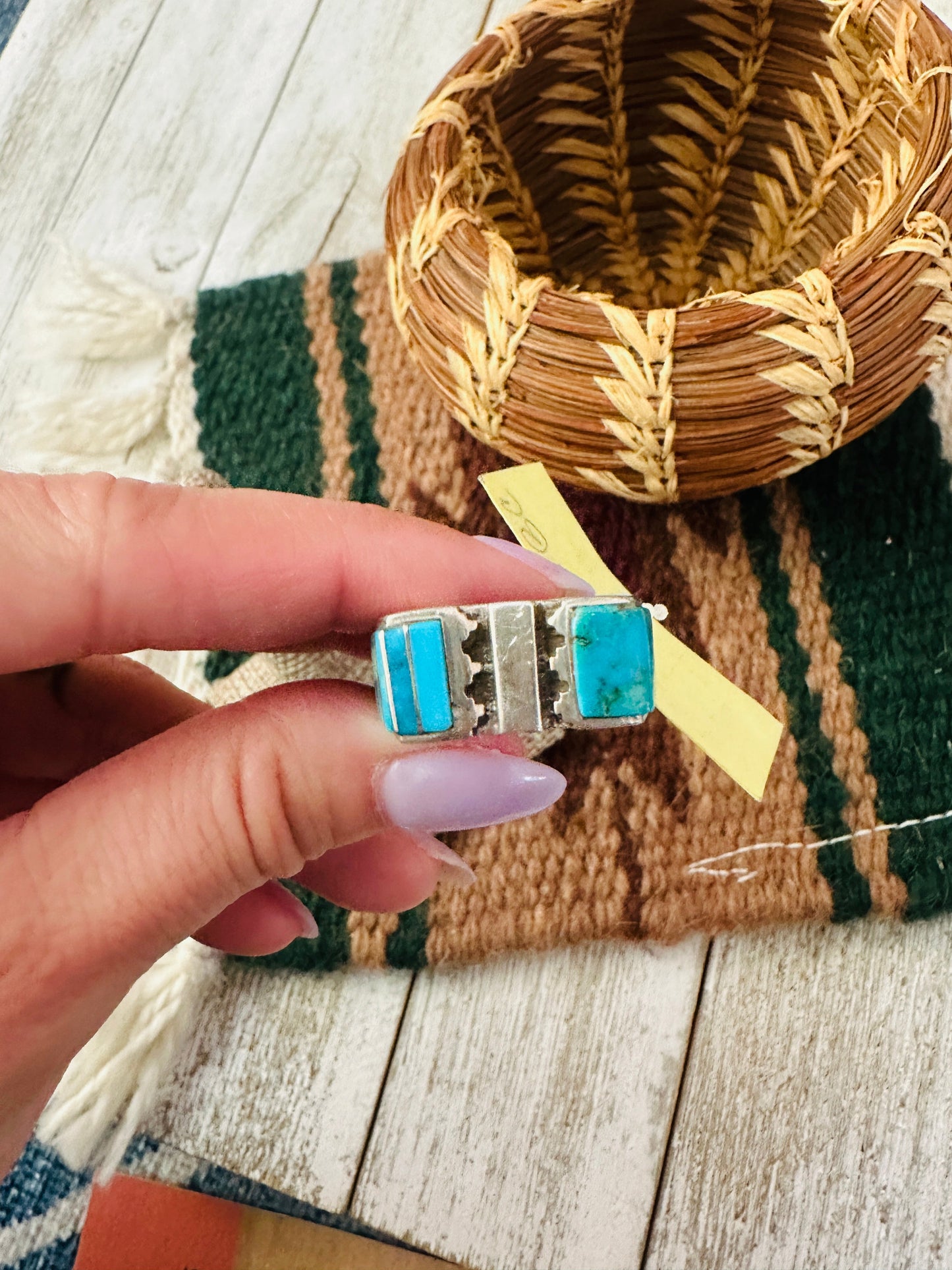 Old Pawn Handcrafted Turquoise & Sterling Silver Inlay Band Ring Size 10