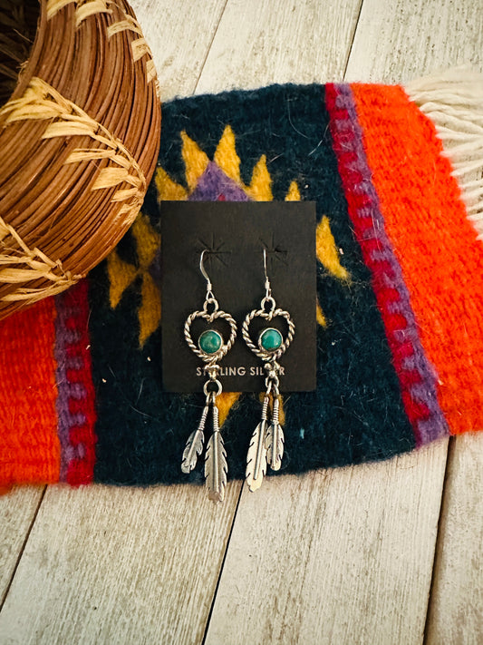 Handcrafted Turquoise & Sterling Silver Heart Feather Dangle Earrings