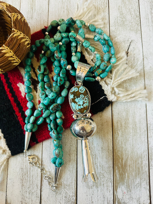 Vintage Old Pawn Handcrafted Turquoise & Sterling Silver Beaded Blossom Necklace