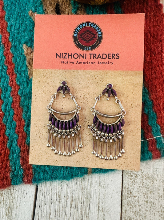 Handcrafted Sterling Silver And Charoite Needlepoint Earrings