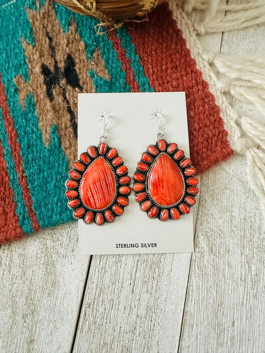 Handcrafted Sterling Silver & Red Spiny Cluster Dangle Earrings