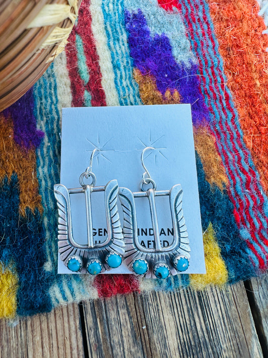 Handcrafted Turquoise & Sterling Silver Belt Buckle Dangle Earrings by Leroy James