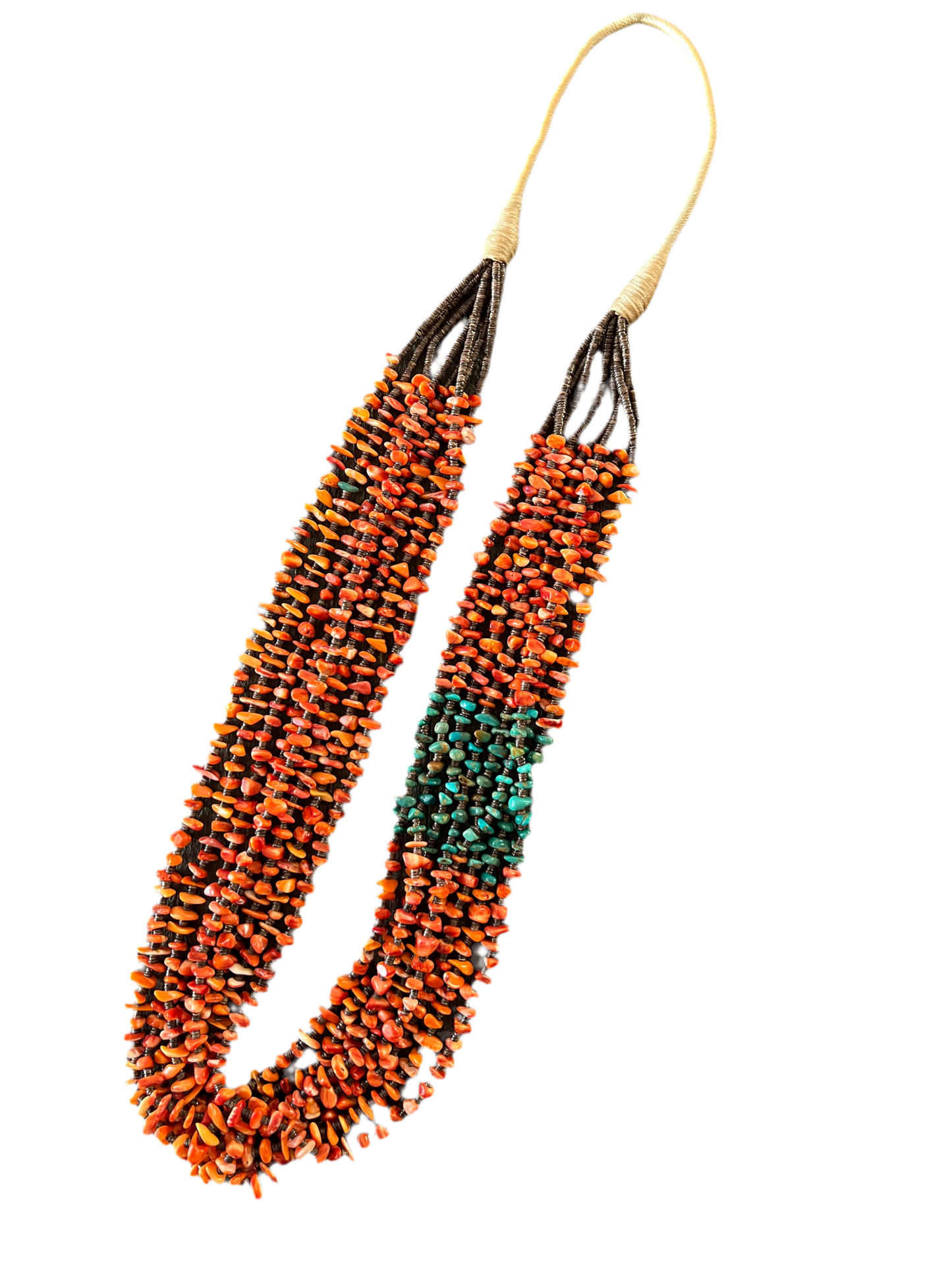 Gorgeous Handcrafted Made Eight Strand Spiny Oyster and Turquoise Beaded Squaw Wrap Necklace by Daniel Coriz