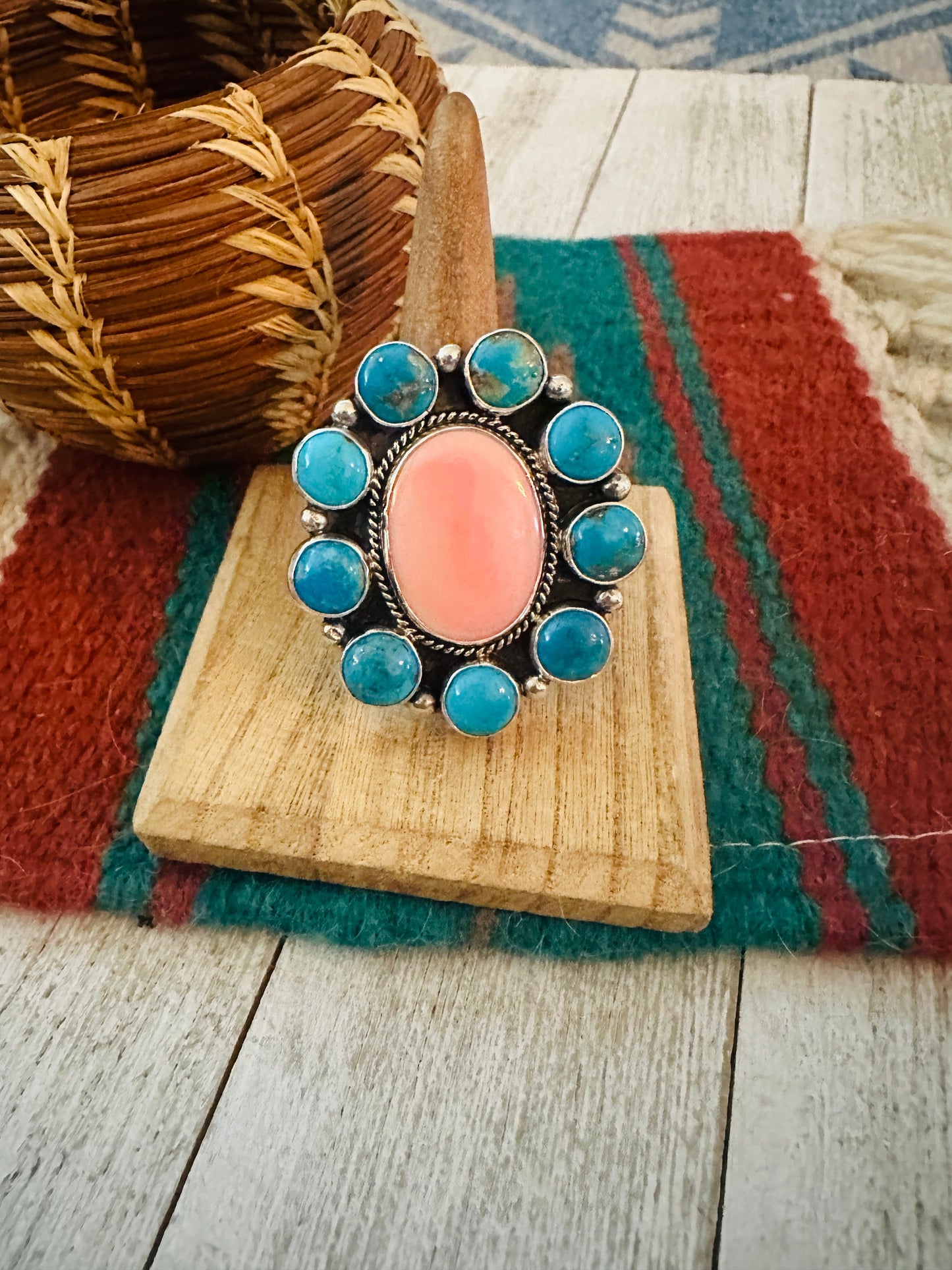 Handcrafted Sterling Silver, Queen Pink Conch & Turquoise Cluster Adjustable Ring