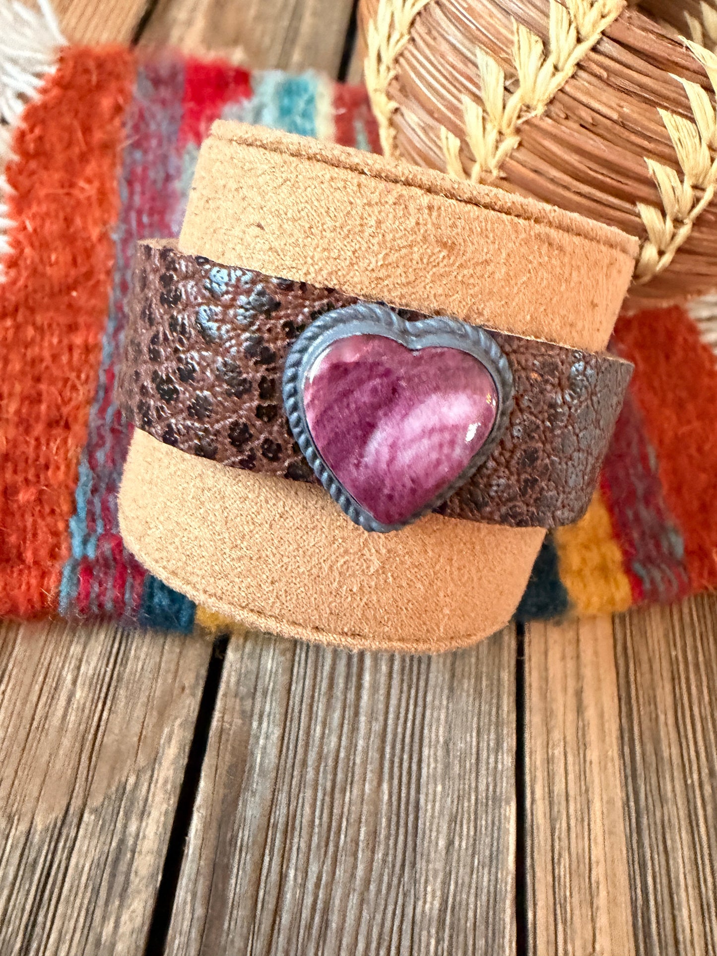 Handcrafted Purple Spiny & Sterling Silver Leather Heart Bracelet