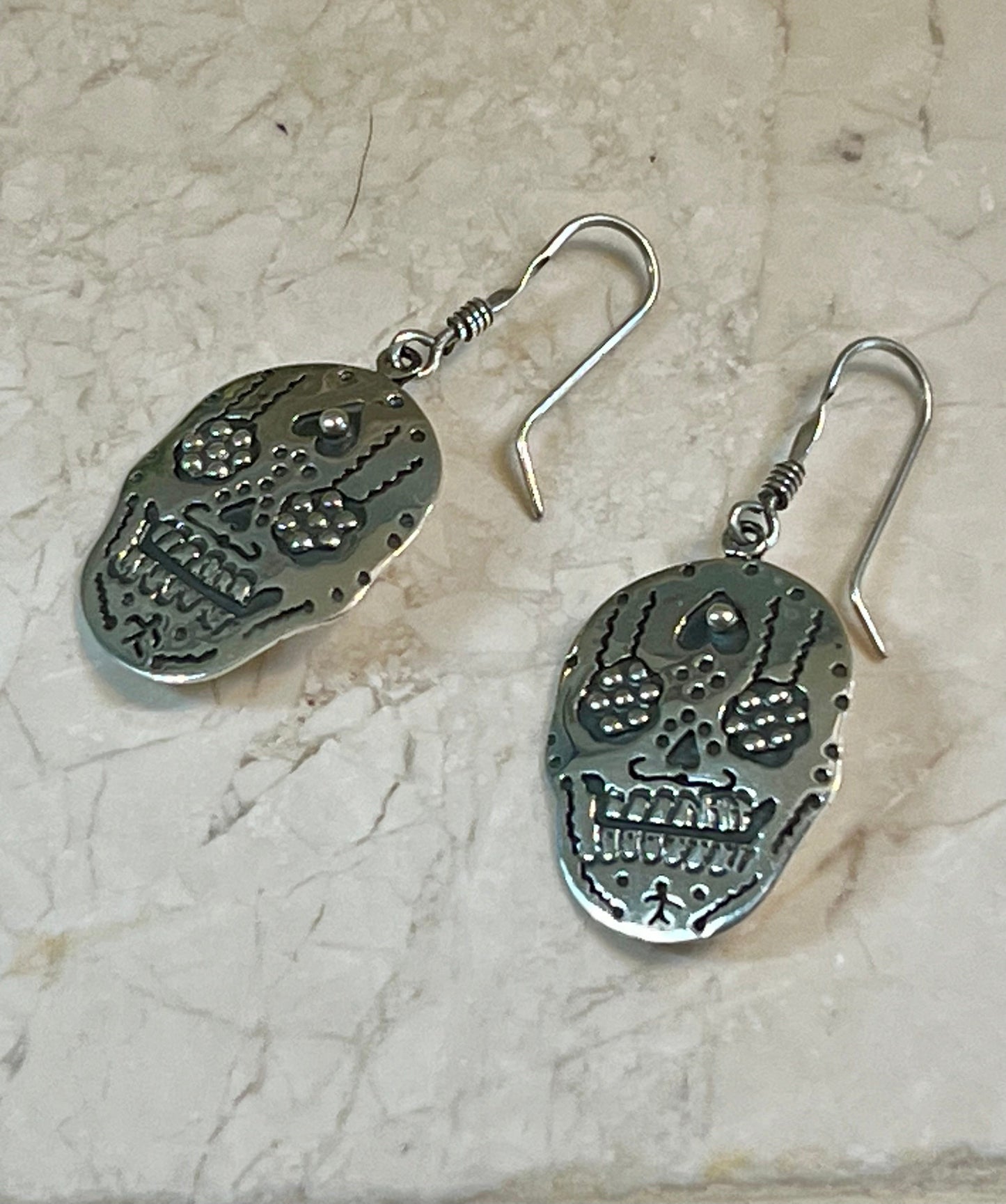 Sugar Skull with Upside Down Heart Sterling Silver Earrings