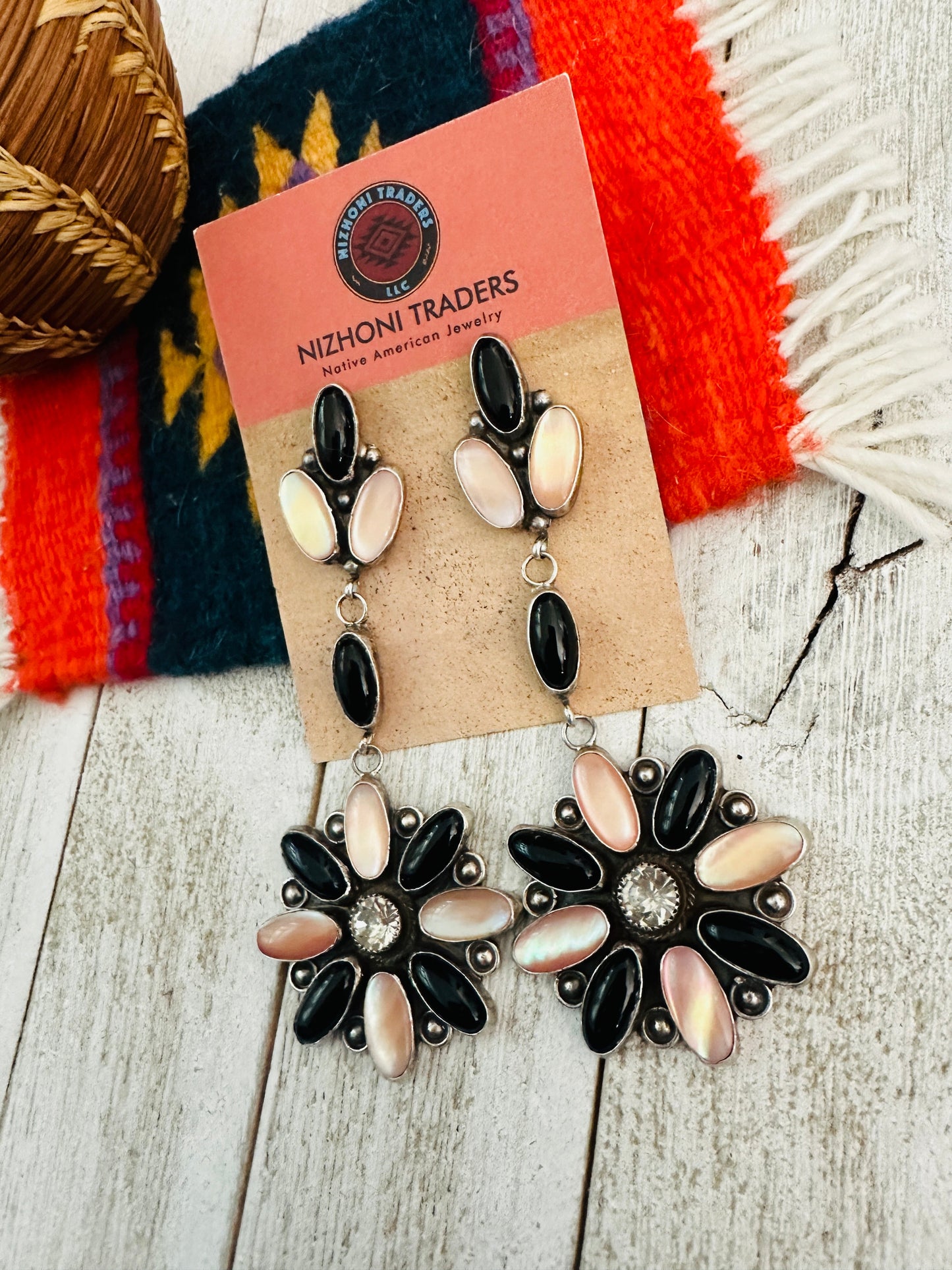 Handcrafted Mother of Pearl, Onyx & Sterling Silver Flower Dangle Earrings