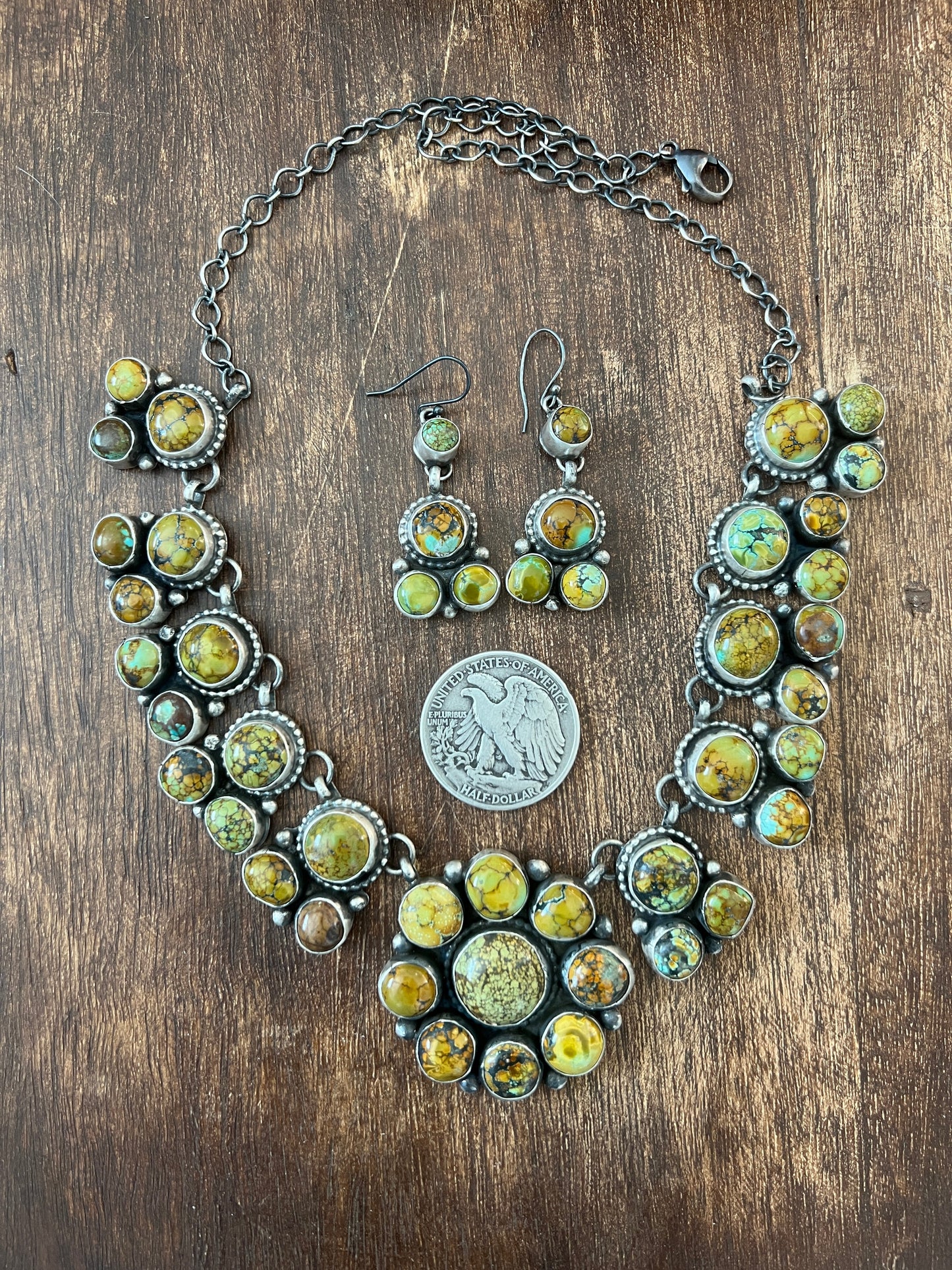 Handcrafted Sterling Silver and Blue Moon Turquoise Cluster Necklace and Earrings Set by Bobby Johnson