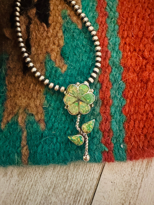 Handcrafted Green Opal & Sterling Silver Inlay Flower Pendant