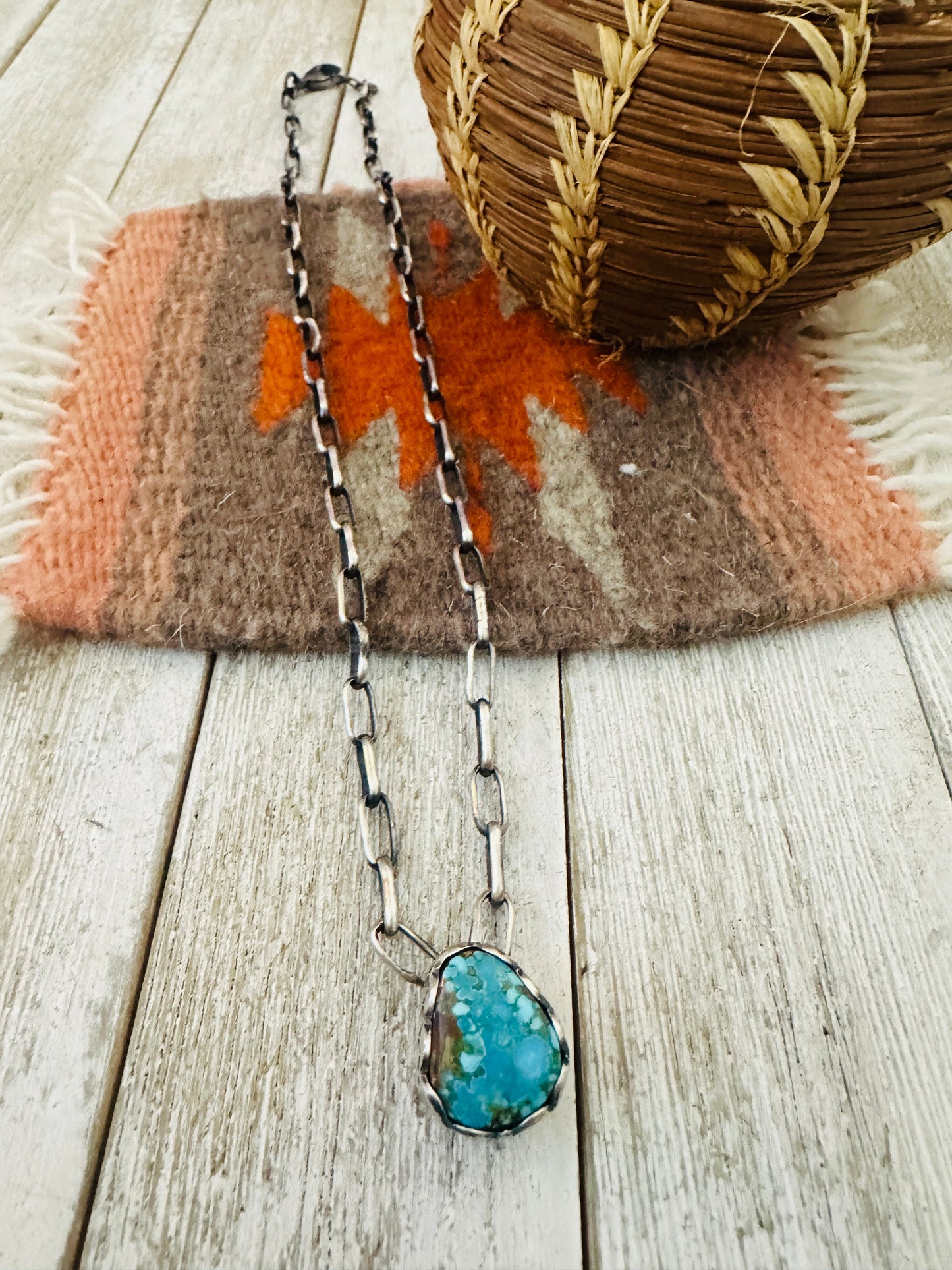 Handcrafted Turquoise & Sterling Silver Paper Clip Chain Necklace