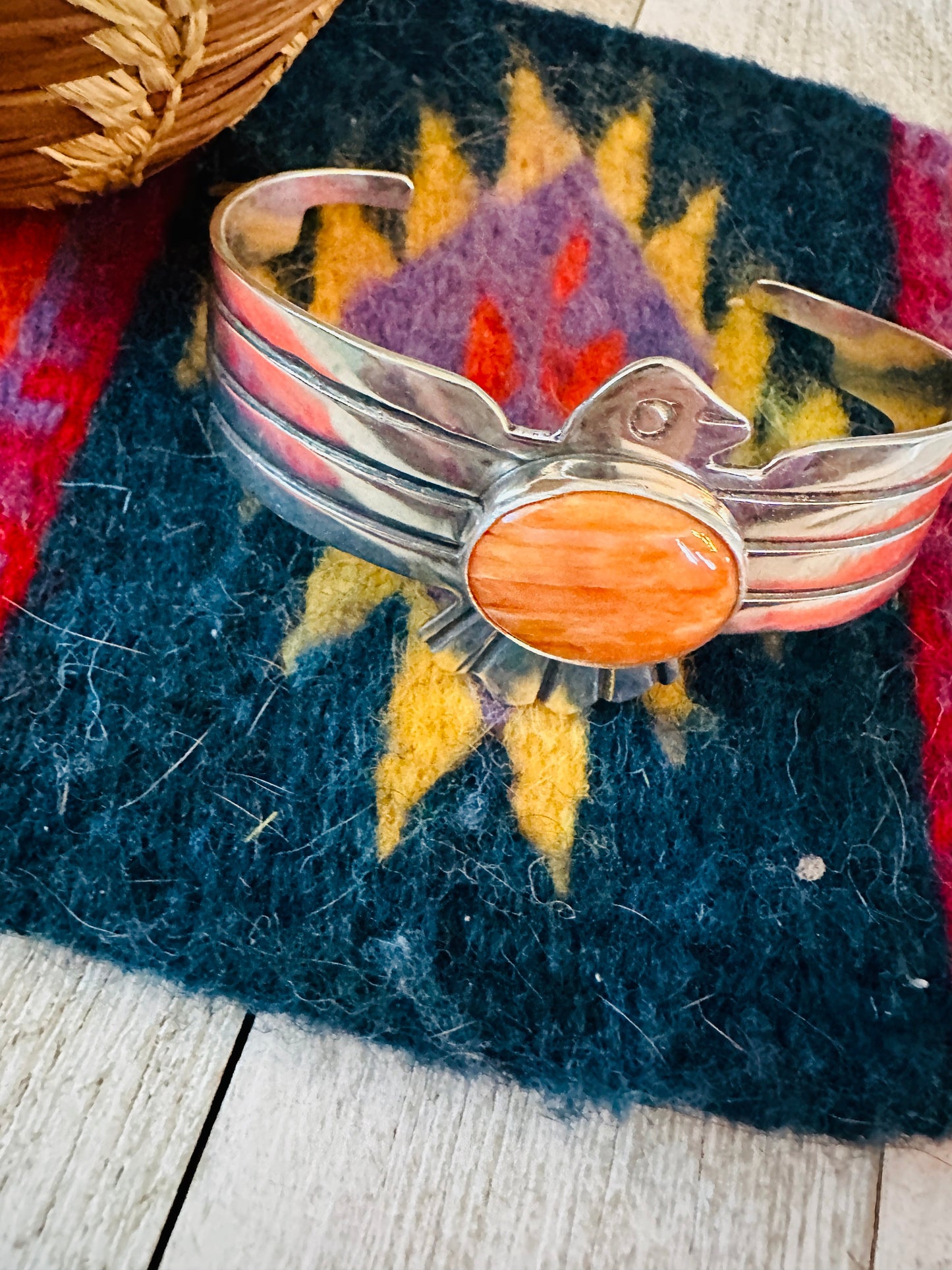 Handcrafted Orange Spiny & Sterling Silver Thunderbird Cuff Bracelet