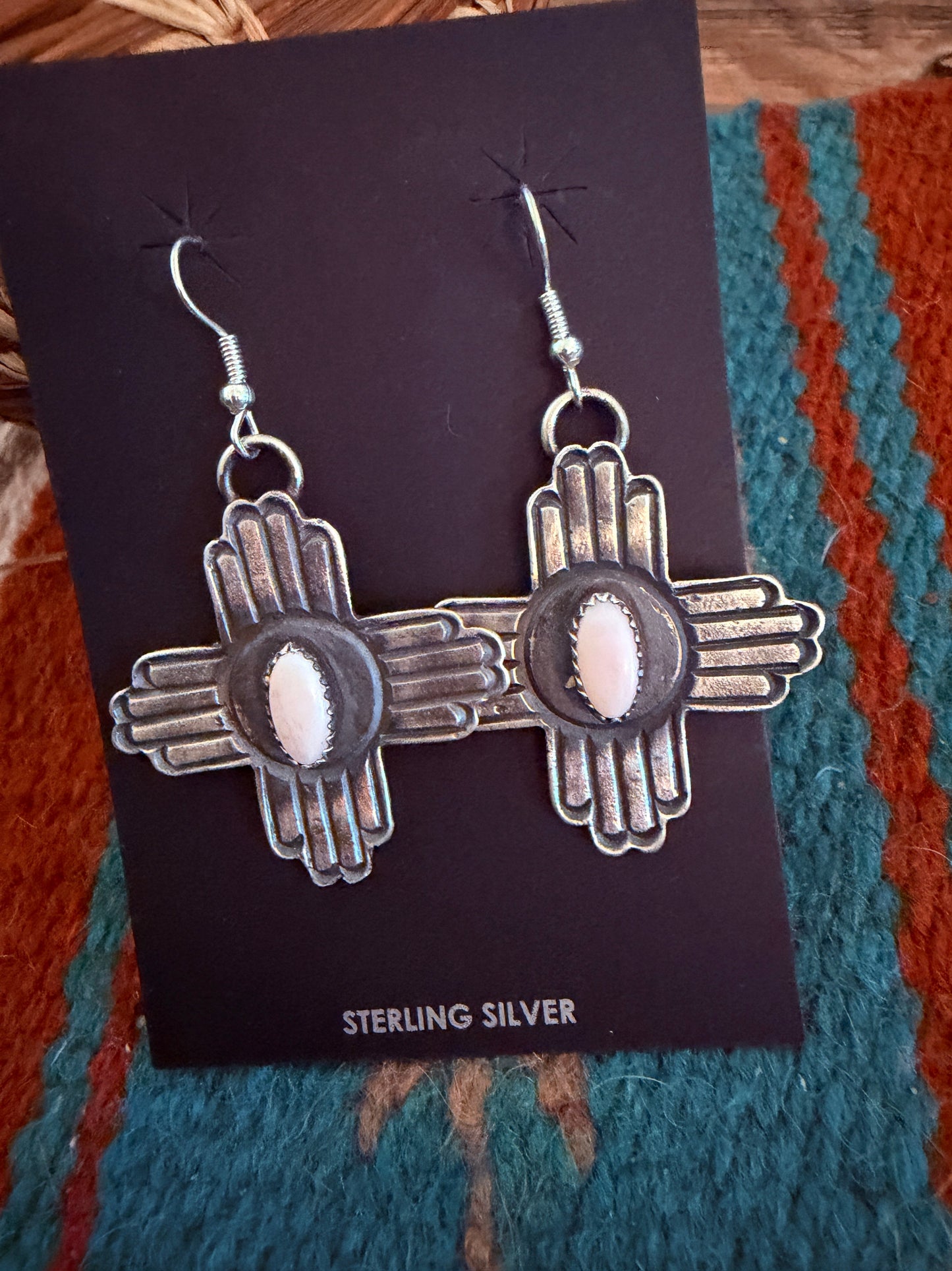 Handcrafted Queen Pink Conch & Sterling Silver Zia Cross Dangle Earrings by Kevin Billah