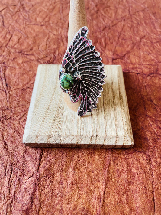 Handcrafted Sonoran Gold Turquoise & Sterling Silver Indian Chief Ring Size 9