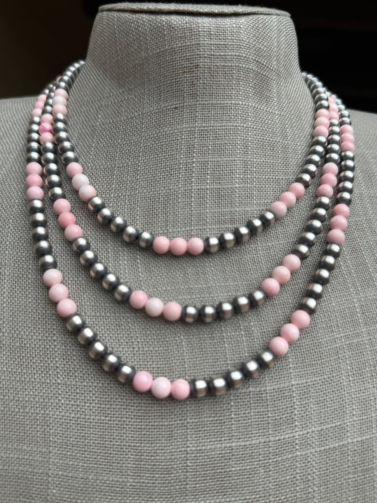 Handcrafted  Sterling Silver Pearl & Queen Pink Conch Beaded Necklace 6mm