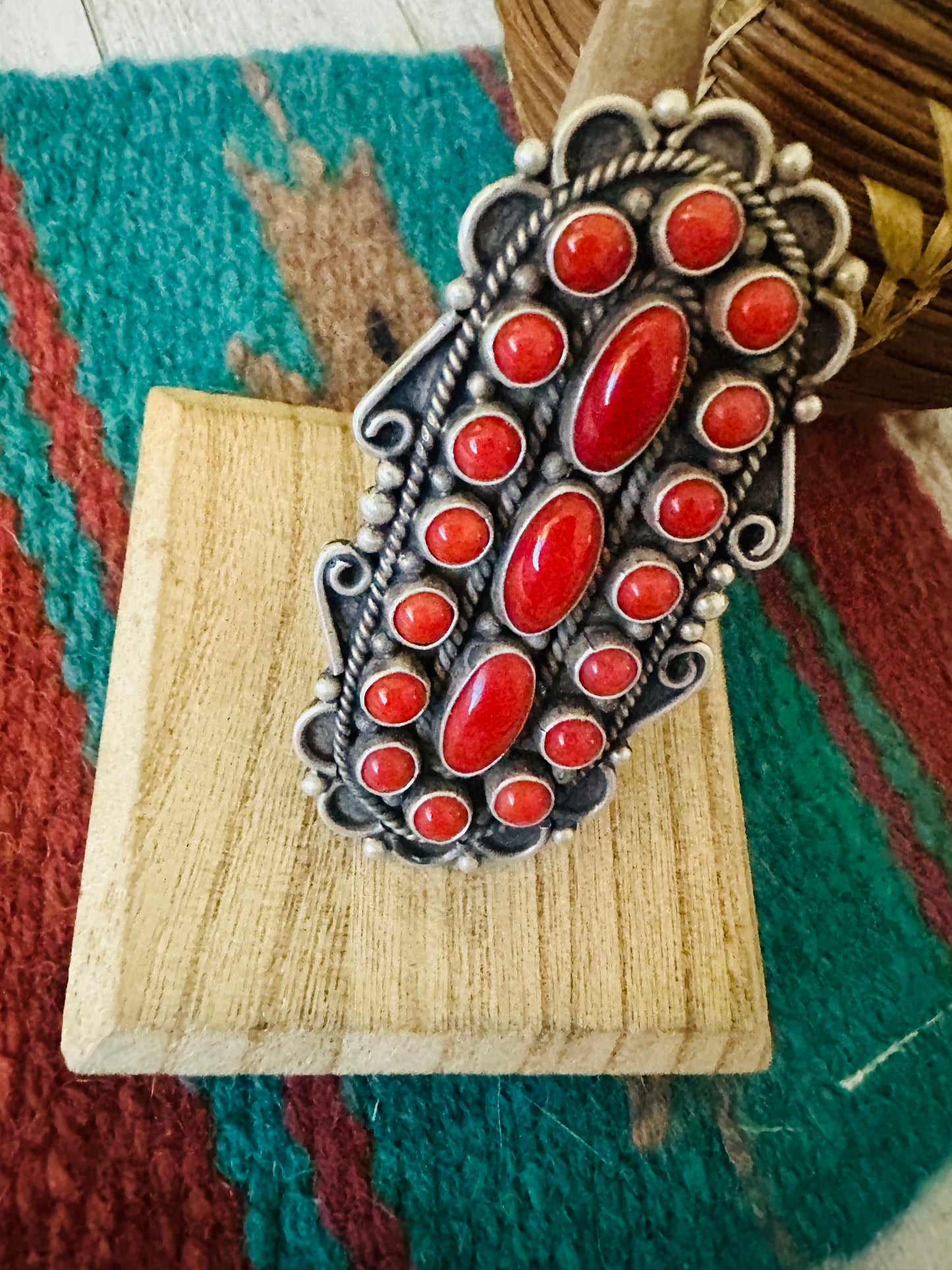 Navajo Sterling Silver and Coral Cluster Ring
