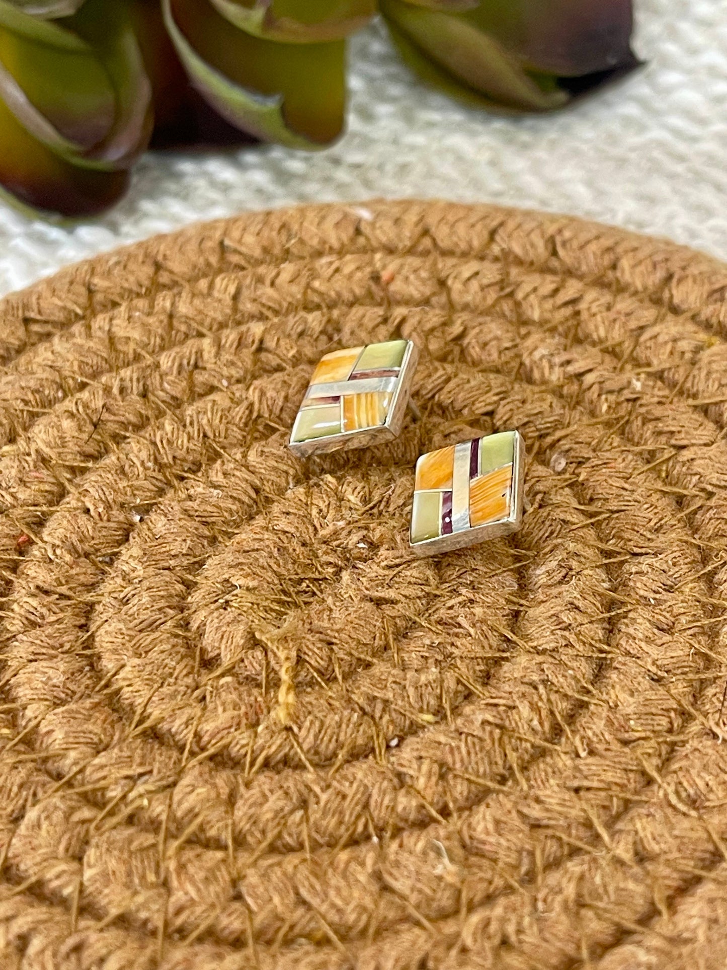 Gorgeous Handmade Sterling Silver & Multi Stone Inlay Stud Earrings