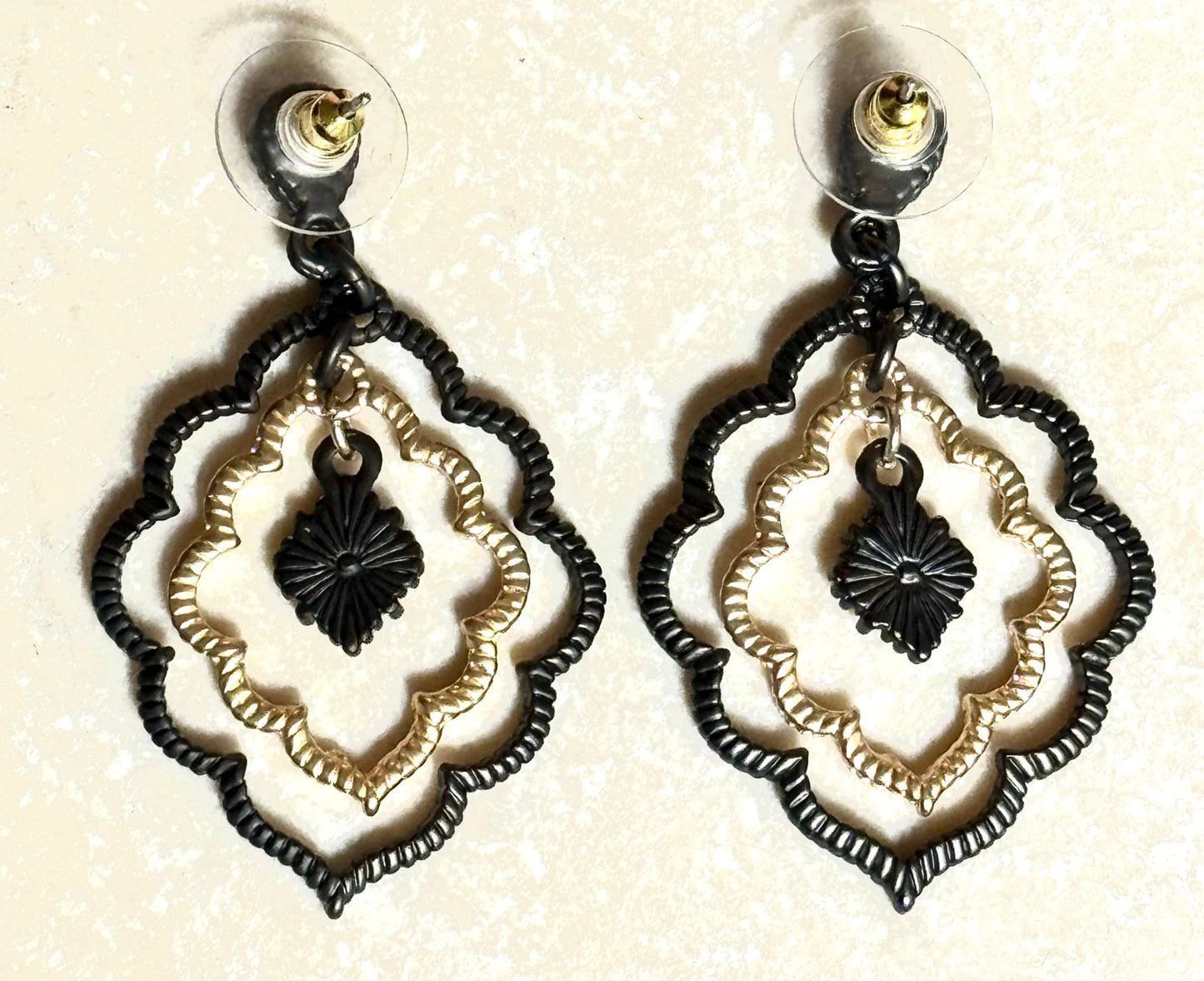 14k Gold Plated CZ Floating Hem Black Dangle Earrings