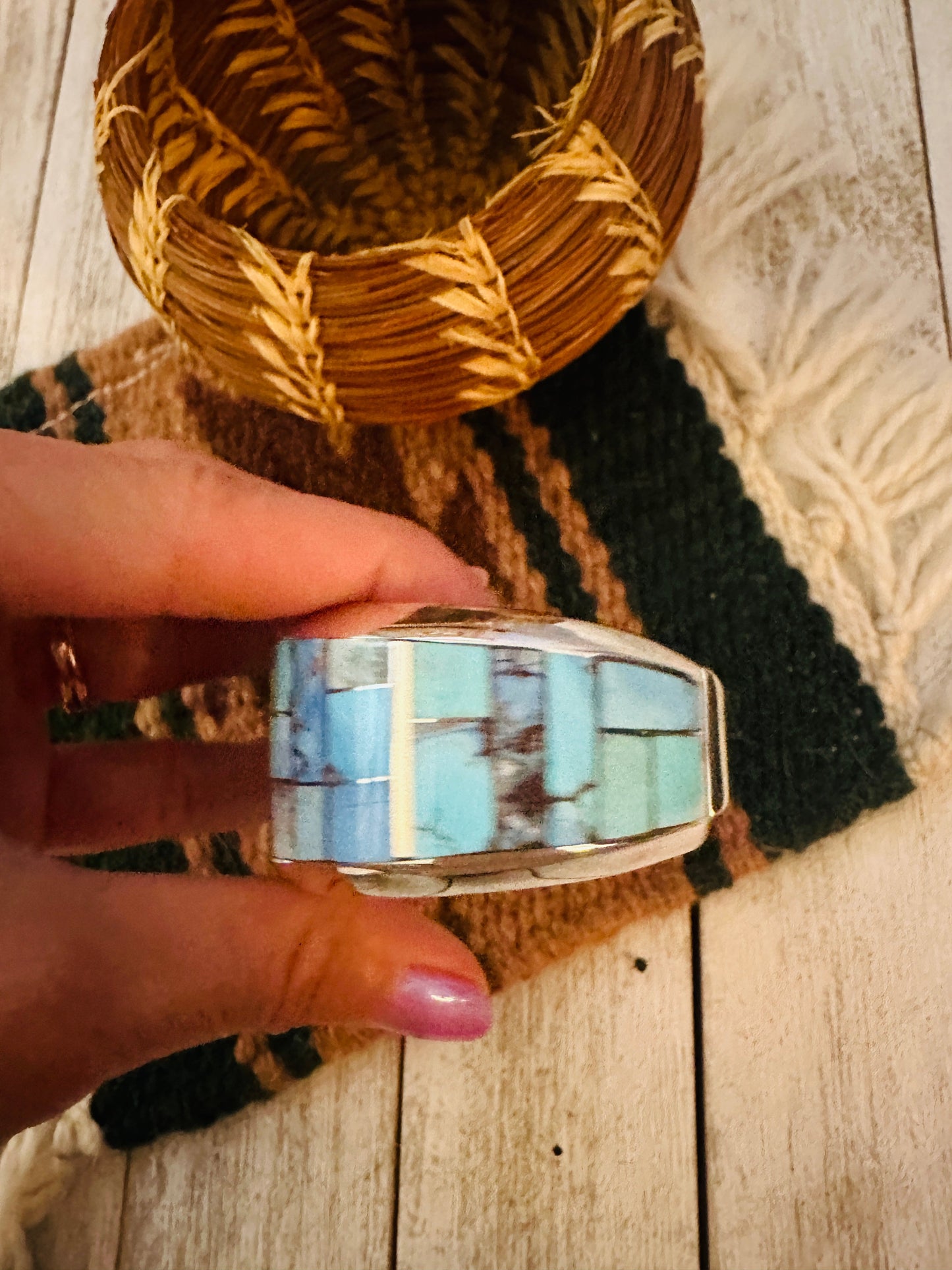 Handcrafted Sterling Silver & Golden Hills Turquoise Inlay Cuff Bracelet /