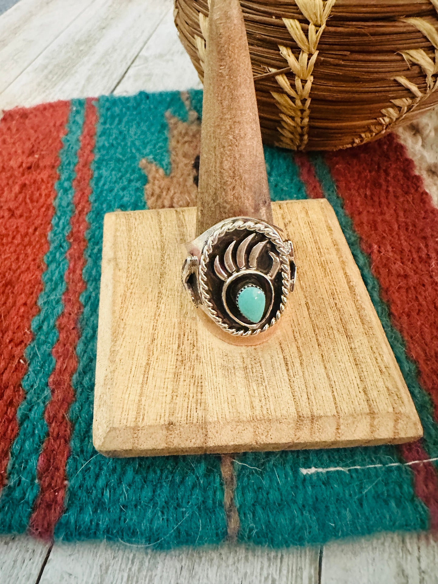 Handcrafted Turquoise & Sterling Silver Bear Paw Cigar Band Ring Size 11