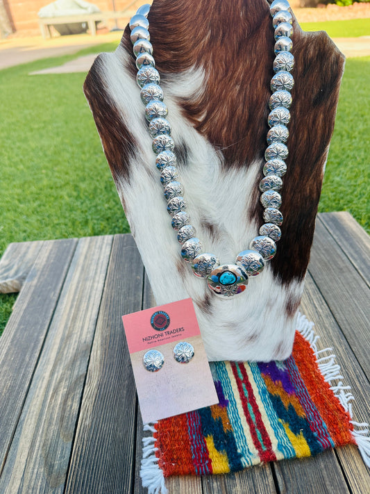 Handcrafted Turquoise & Sterling Silver Pillow Bead Necklace and Earring Set