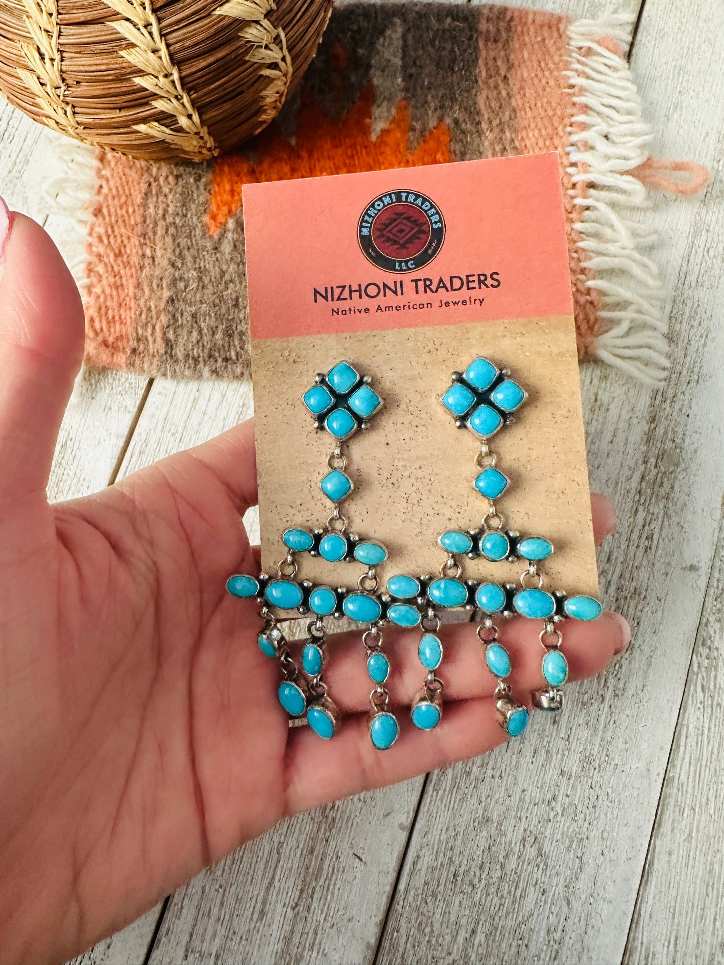 Handcrafted Sterling Silver & Turquoise Cluster Dangle Earrings