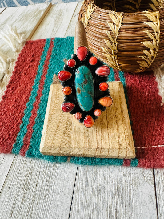 Handcrafted Sterling Silver, Spiny & Turquoise Cluster Ring Size 7