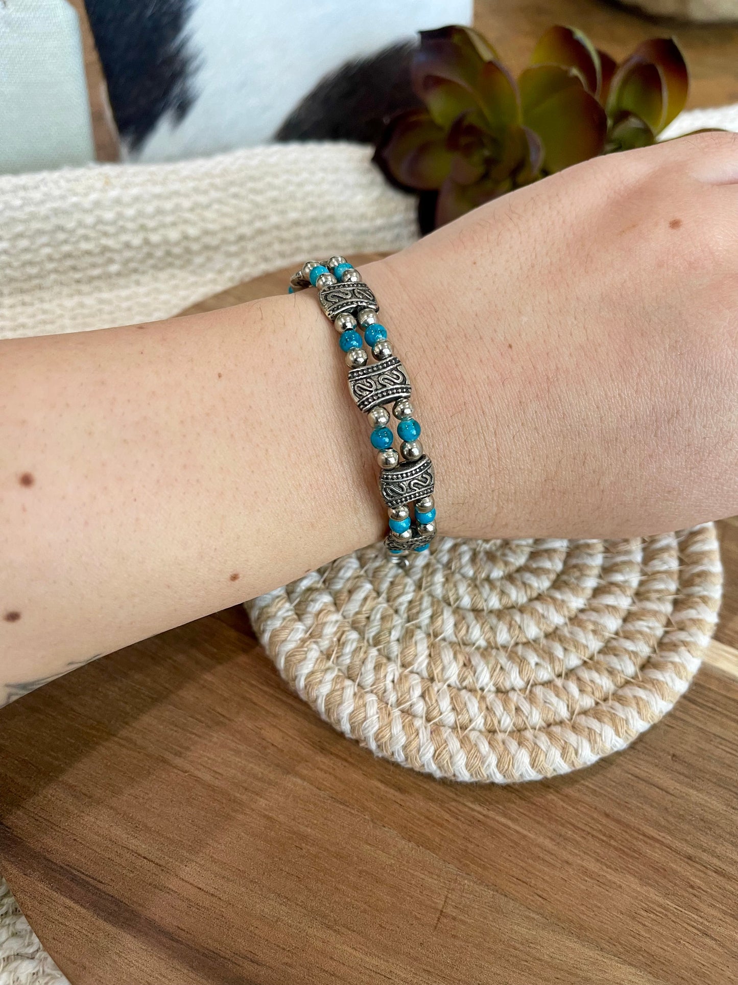 Vintage Handmade Silver & Faux Turquoise Link Bracelet