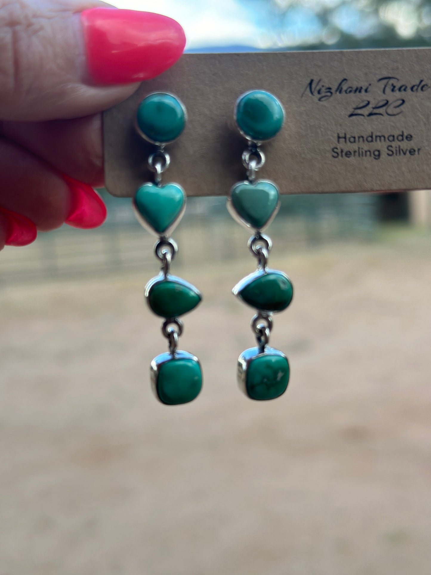 Handmade Emerald Valley Turquoise heart and Sterling Silver 4 Stone Dangles