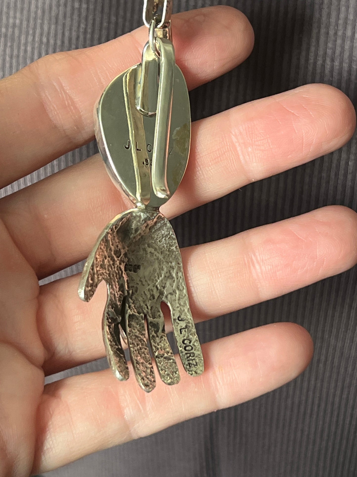 Jay Leon Coriz Handcrafted Sterling Silver and Royston Turquoise Healing Hand Station Necklace