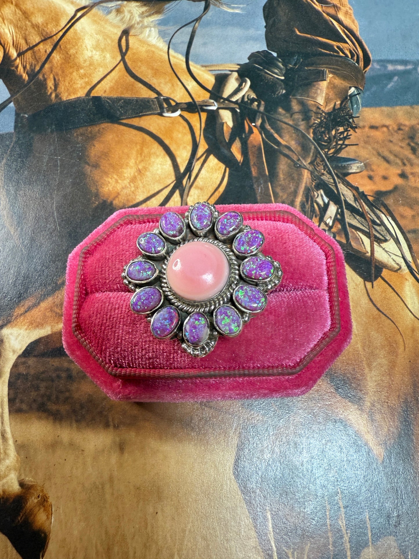Handmade Pink Conch, Purple Fire Opal & Sterling Silver Adjustable Ring CIRCLE