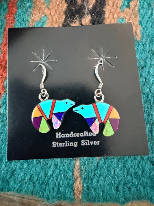 Handcrafted Multi Stone & Sterling Silver Inlay Fetish Bear Dangle Earrings