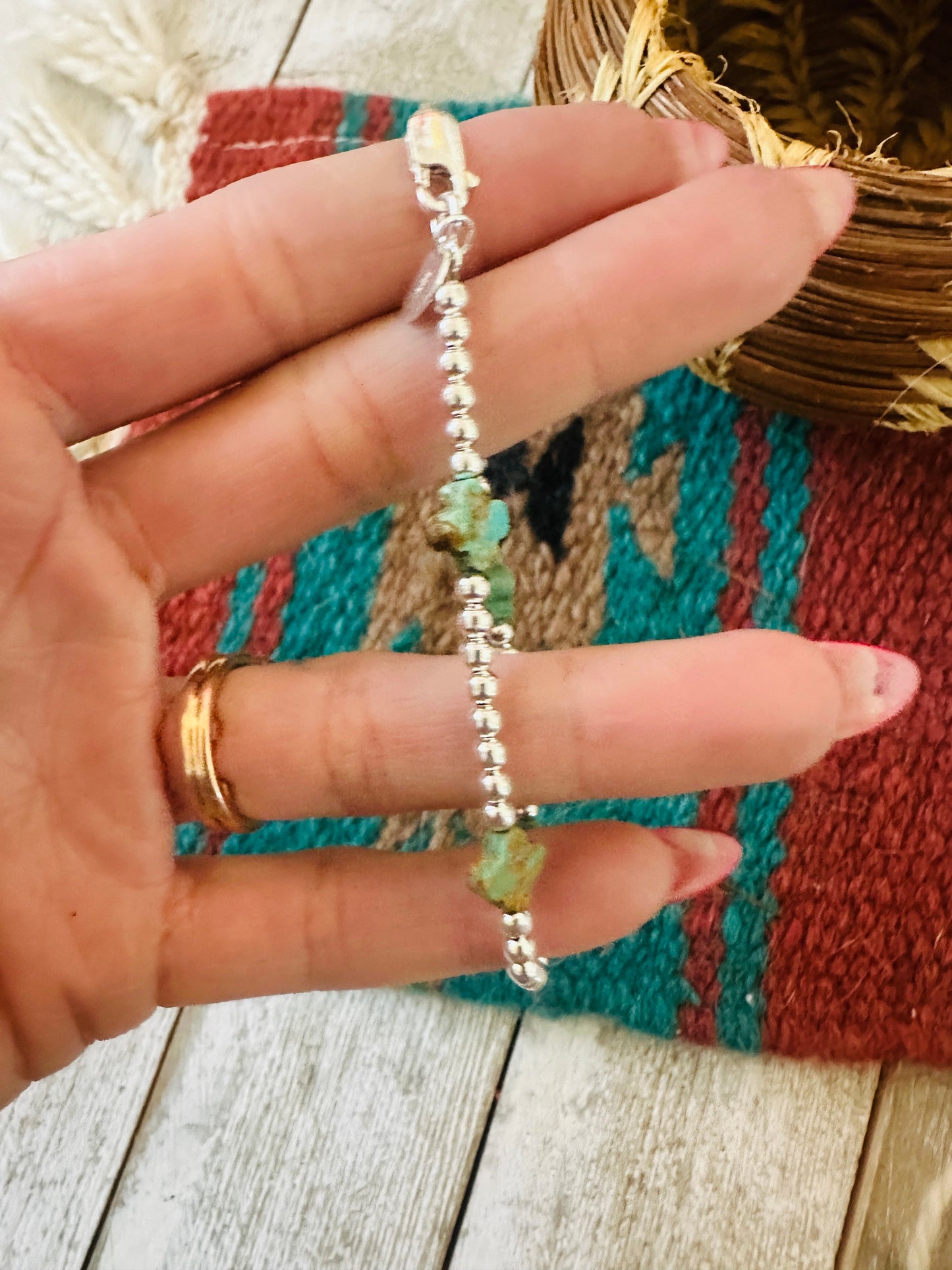 Handcrafted Sterling Silver Pearl & Turquoise Beaded Bracelet 7.5”