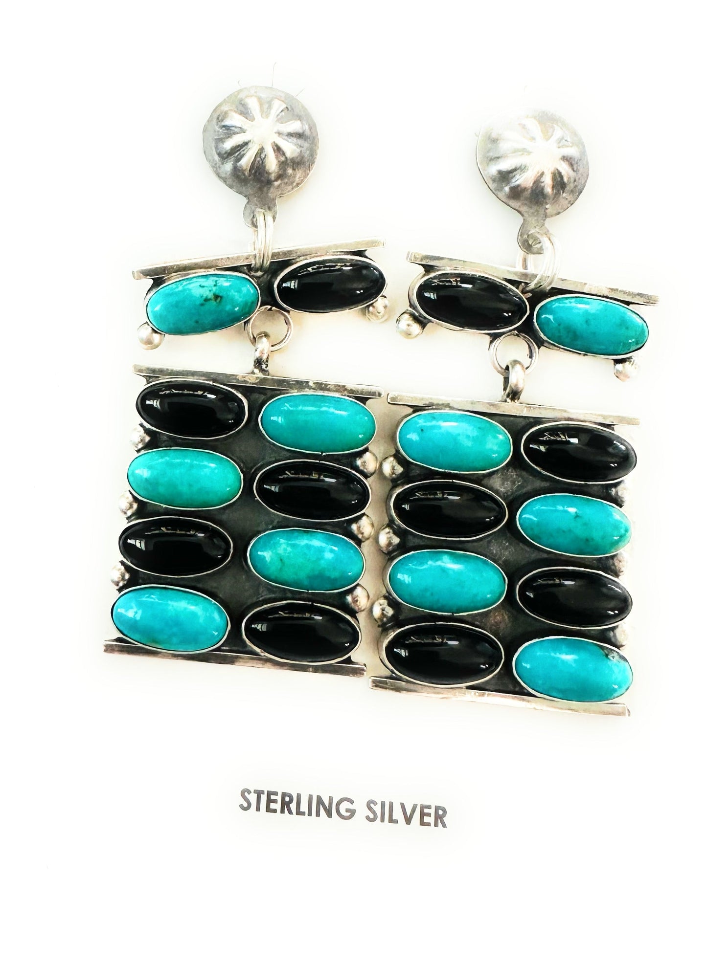 Handcrafted Turquoise, Onyx & Sterling Silver Dangle Earrings