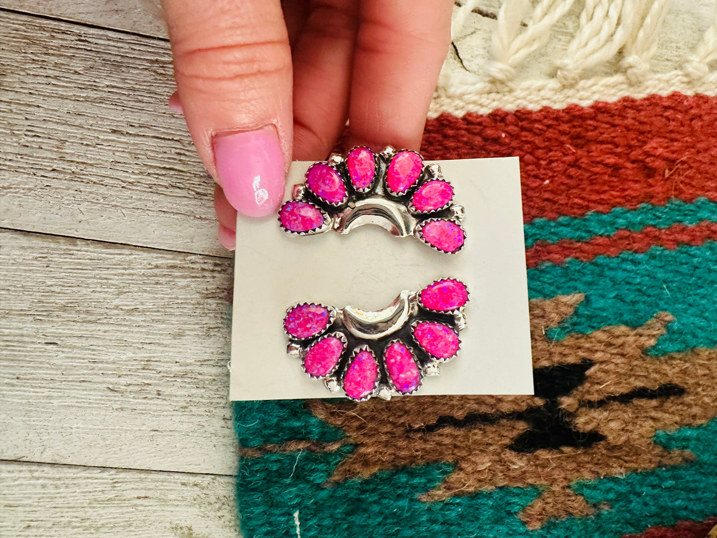 Handcrafted Pink Opal & Sterling Silver Crescent Cluster Earrings